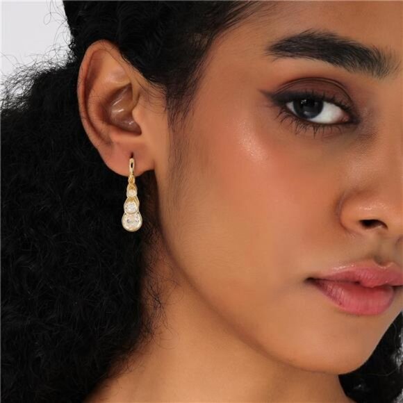 14K Gold Plated Huggie Earrings – Elegant Dangle Hoop - Picture 4 of 6